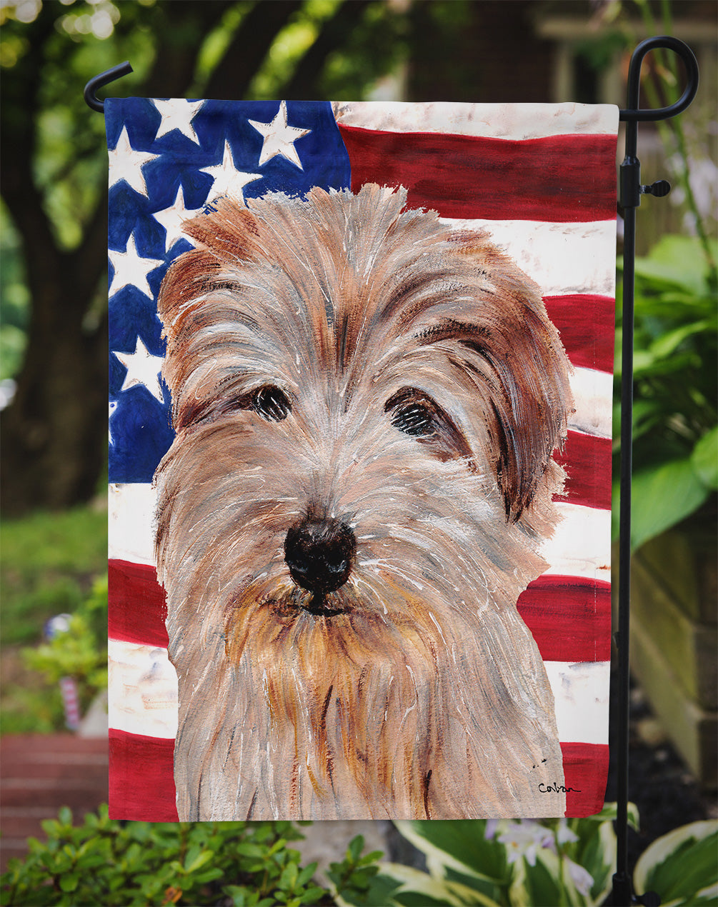 Norfolk Terrier with American Flag USA Flag Garden Size SC9640GF