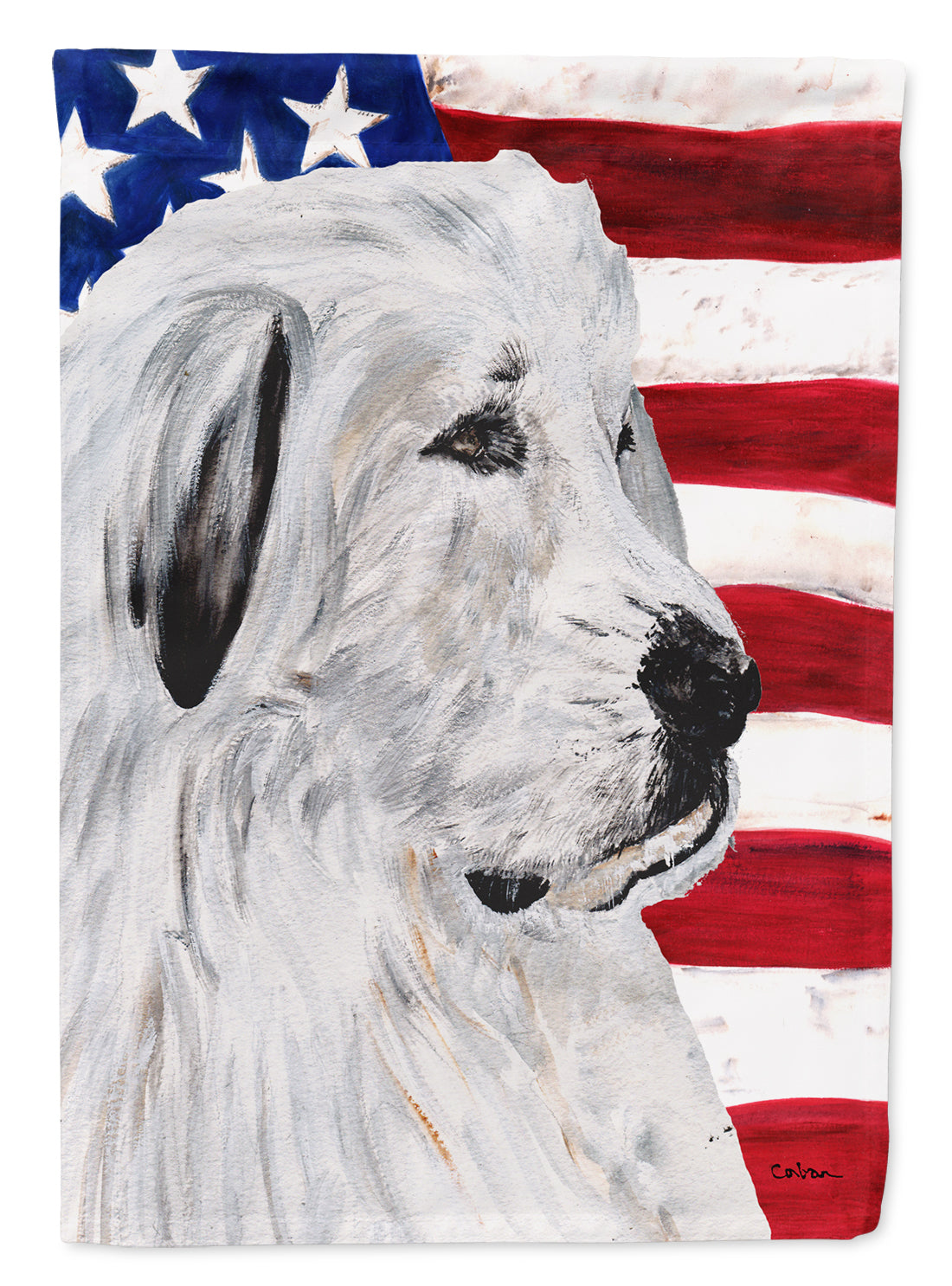 Great Pyrenees with American Flag USA Flag Canvas House Size SC9642CHF