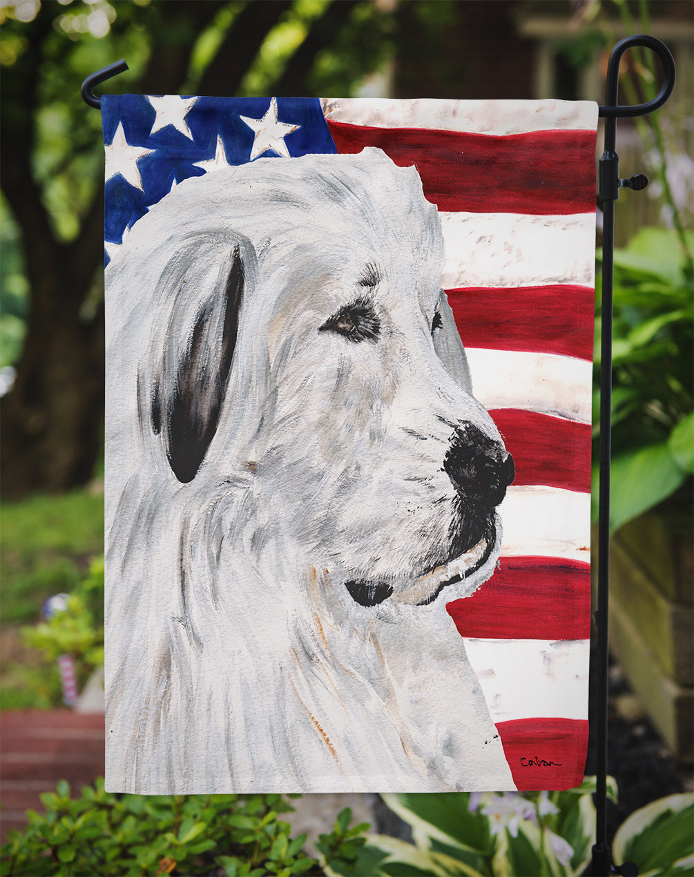Great Pyrenees with American Flag USA Flag Garden Size SC9642GF.