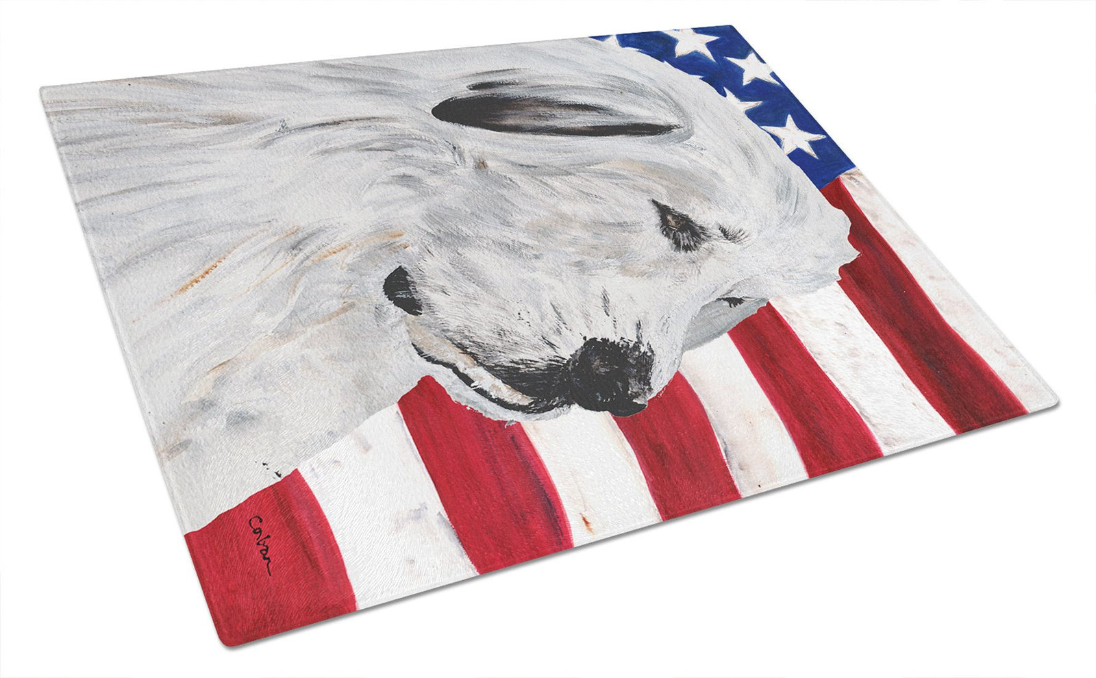 Great Pyrenees with American Flag USA Glass Cutting Board Large Size SC9642LCB by Caroline's Treasures