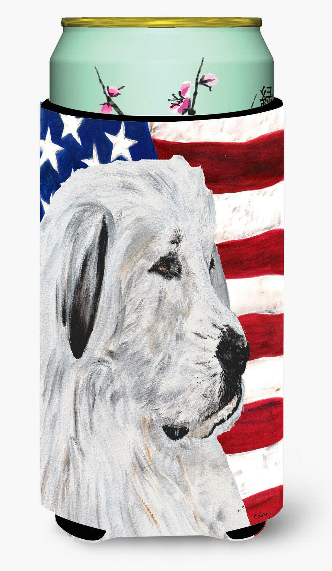 Great Pyrenees with American Flag USA Tall Boy Beverage Insulator Hugger SC9642TBC by Caroline's Treasures