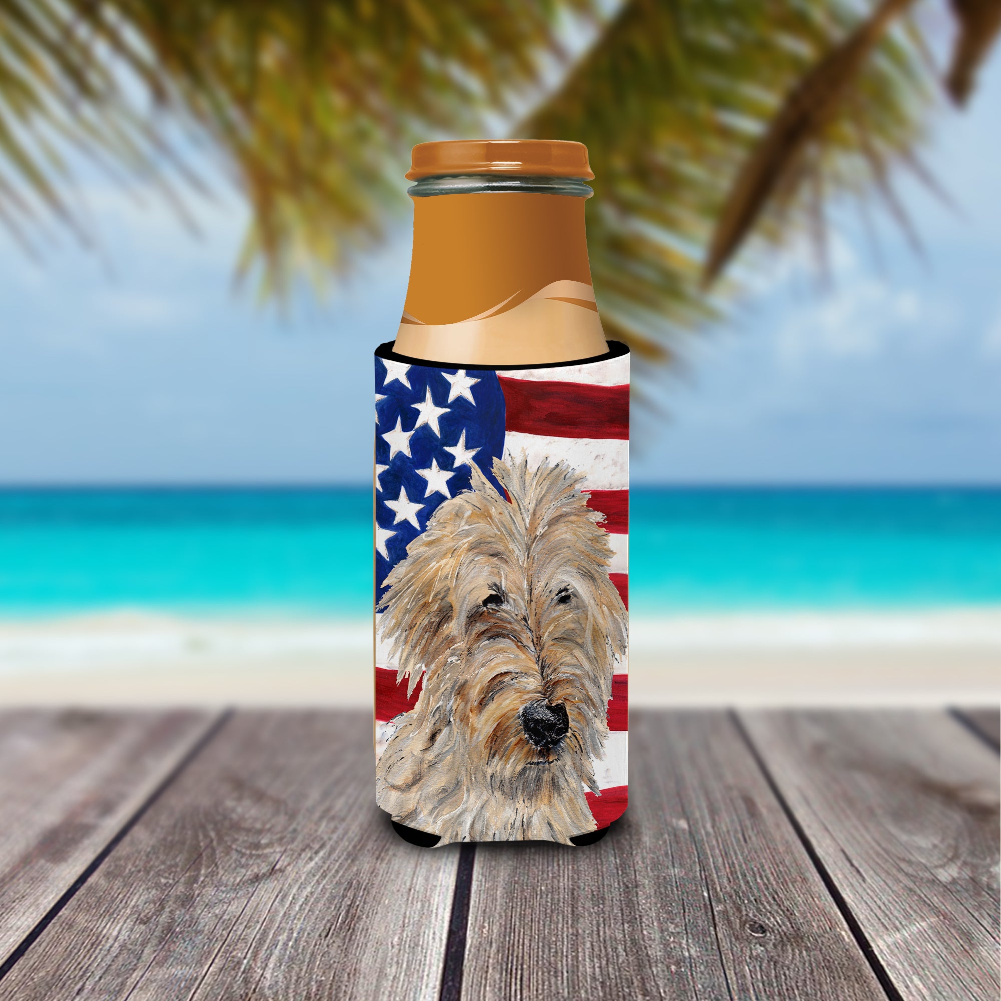 Golden Doodle 2 with American Flag USA Ultra Beverage Insulators for slim cans SC9643MUK.