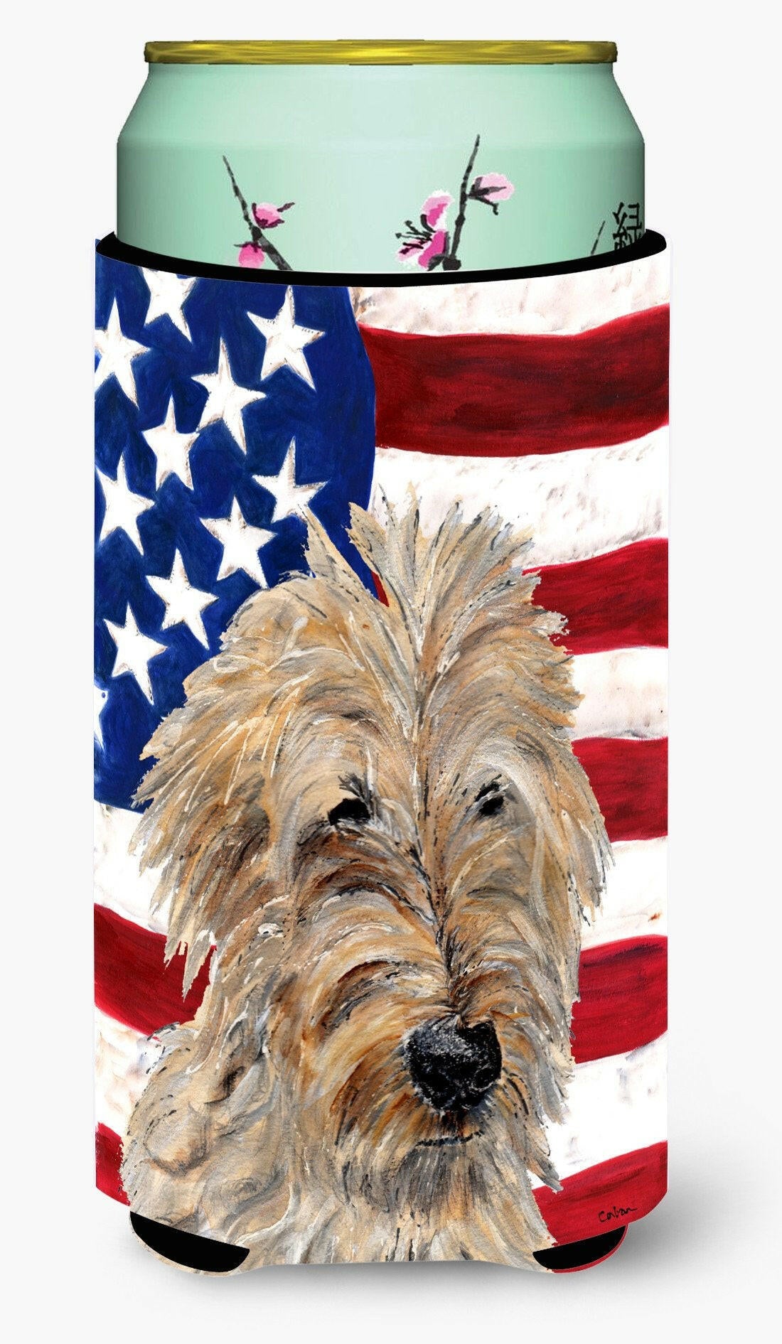 Golden Doodle 2 with American Flag USA Tall Boy Beverage Insulator Hugger SC9643TBC by Caroline&#39;s Treasures