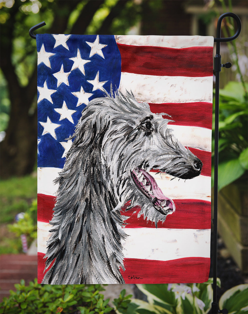 Scottish Deerhound with American Flag USA Flag Garden Size SC9645GF