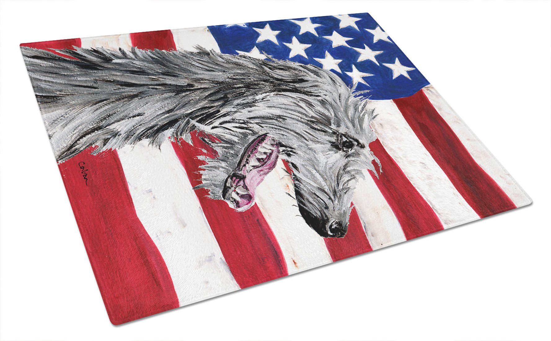 Scottish Deerhound with American Flag USA Glass Cutting Board Large Size SC9645LCB by Caroline's Treasures