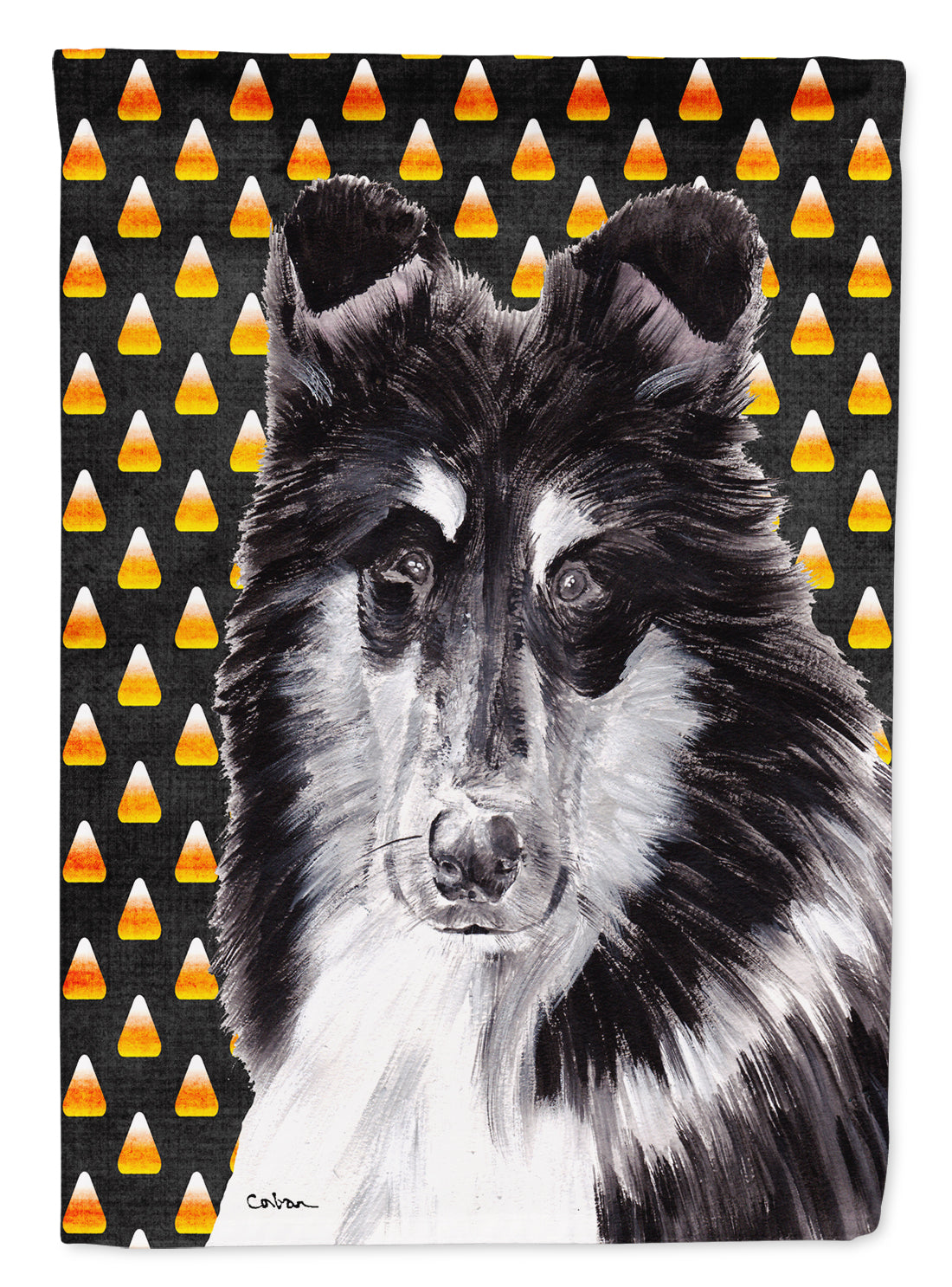 Black and White Collie Candy Corn Halloween Flag Canvas House Size SC9654CHF