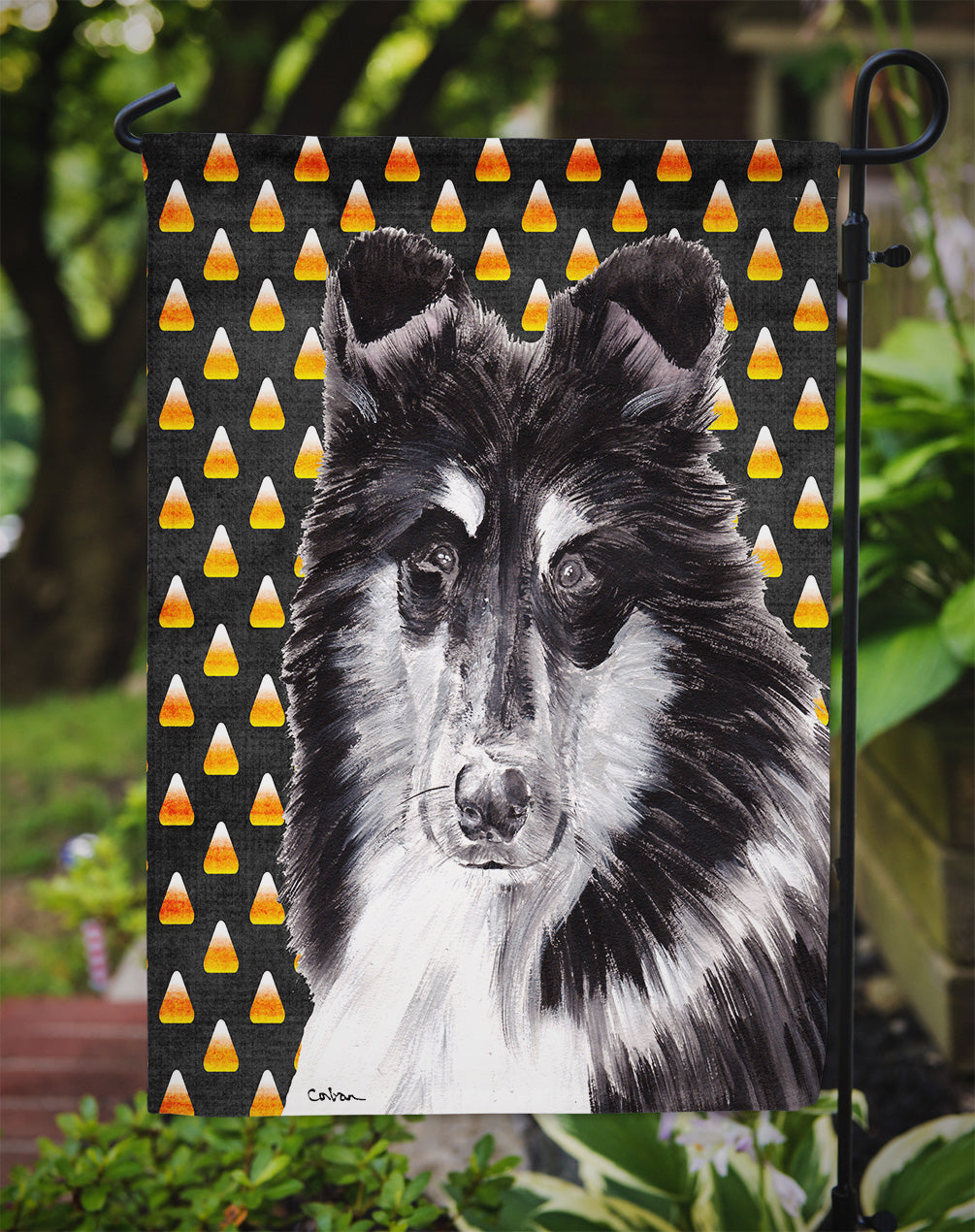 Black and White Collie Candy Corn Halloween Flag Garden Size SC9654GF  the-store.com.
