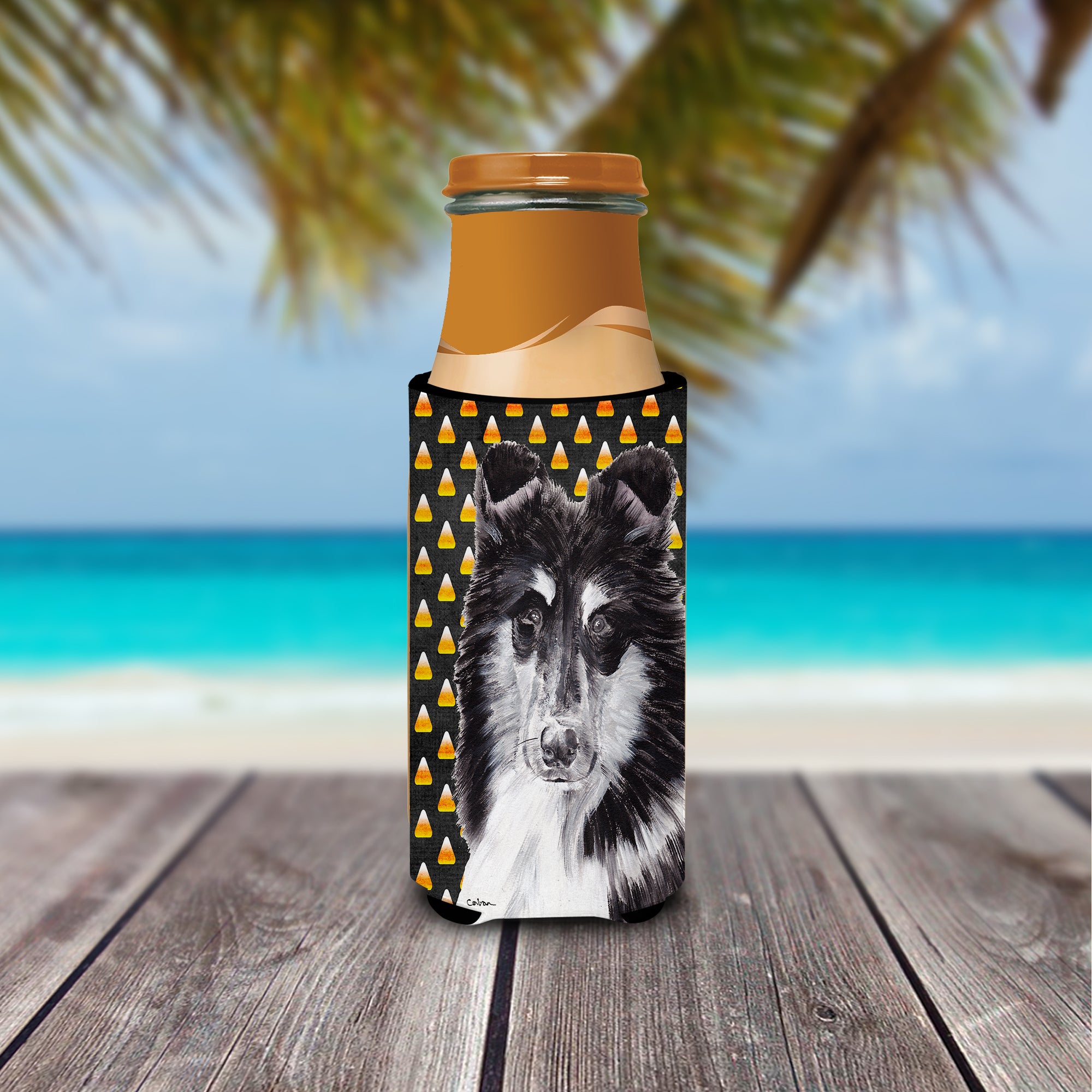 Black and White Collie Candy Corn Halloween Ultra Beverage Insulators for slim cans SC9654MUK.