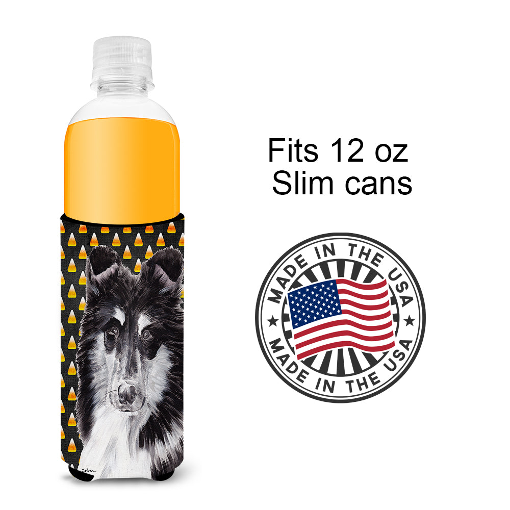 Black and White Collie Candy Corn Halloween Ultra Beverage Insulators for slim cans SC9654MUK.