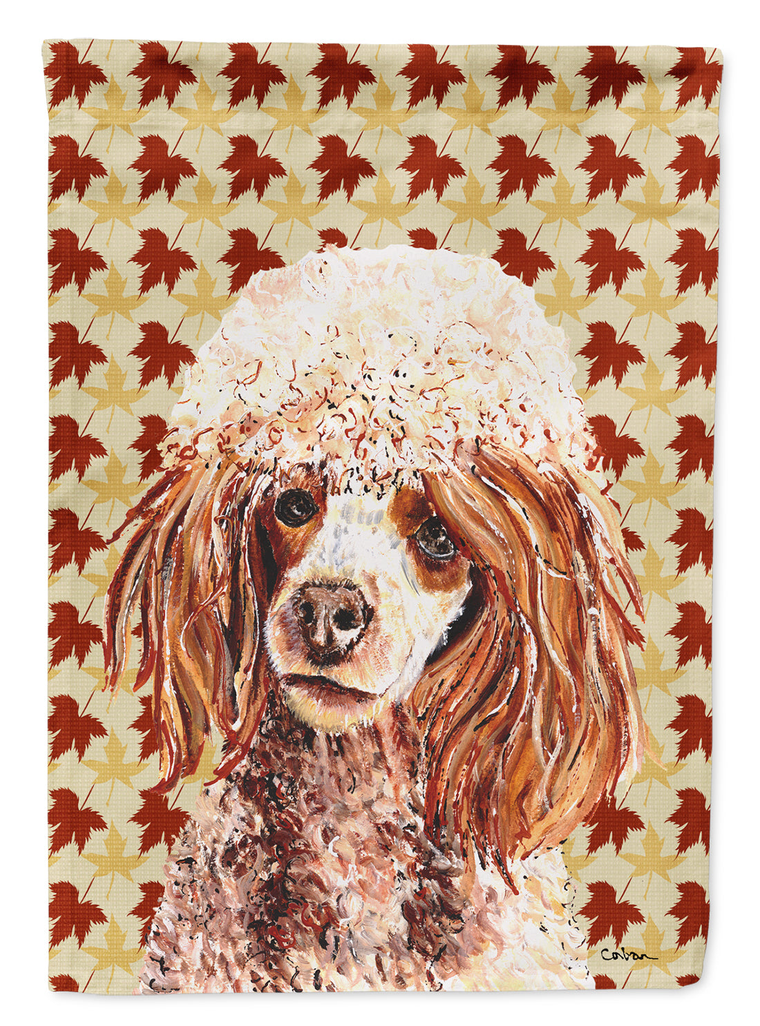Red Miniature Poodle Fall Leaves Flag Canvas House Size SC9675CHF  the-store.com.