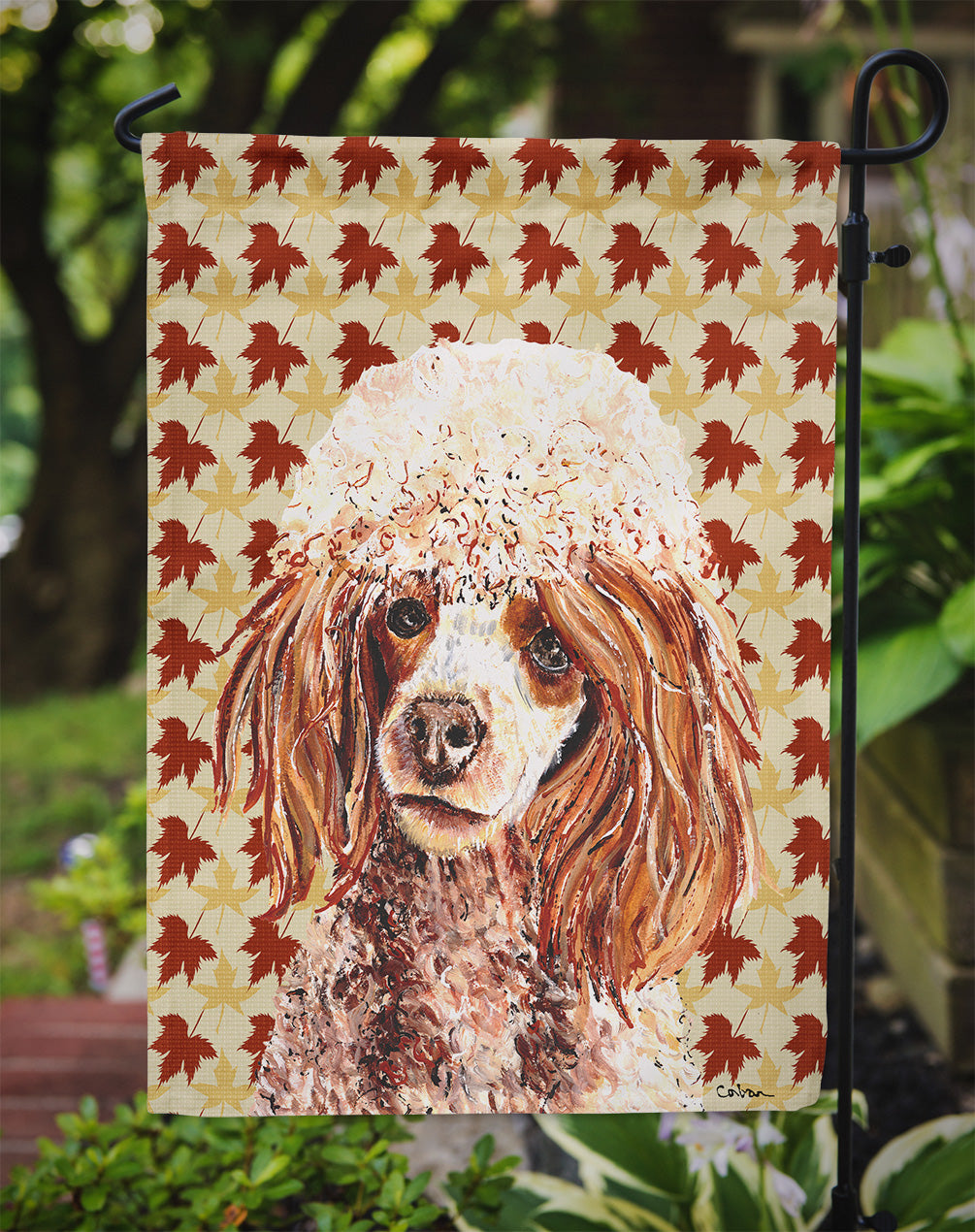 Red Miniature Poodle Fall Leaves Flag Garden Size SC9675GF