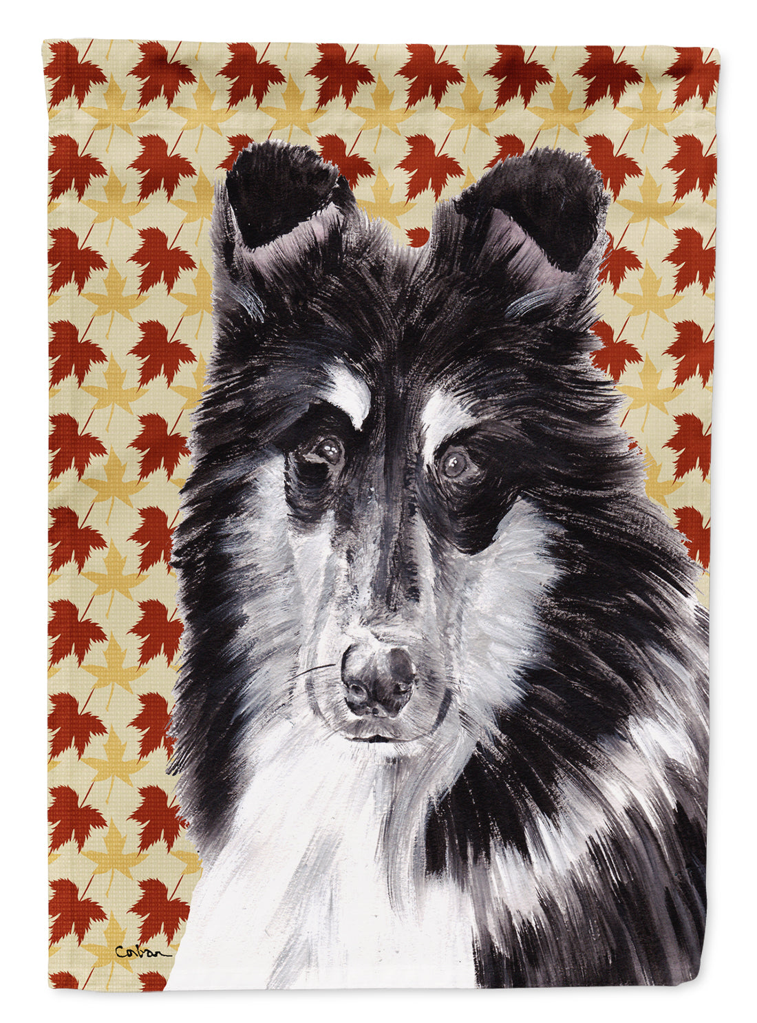 Black and White Collie Fall Leaves Flag Canvas House Size SC9678CHF  the-store.com.