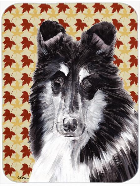 Black and White Collie Fall Leaves Glass Cutting Board Large Size SC9678LCB by Caroline's Treasures