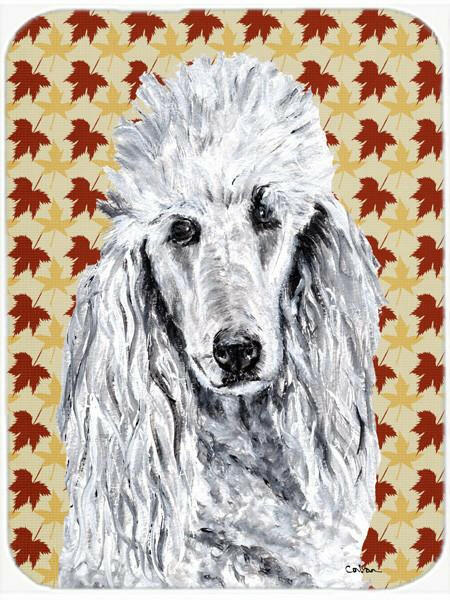 White Standard Poodle Fall Leaves Glass Cutting Board Large Size SC9679LCB by Caroline&#39;s Treasures