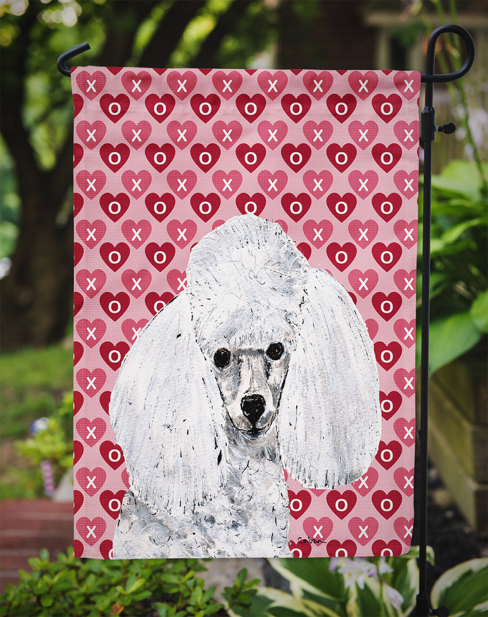 White Toy Poodle Hearts and Love Flag Garden Size SC9701GF  the-store.com.
