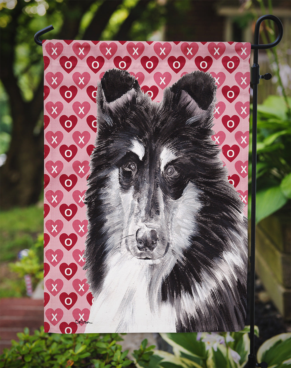 Black and White Collie Hearts and Love Flag Garden Size SC9702GF  the-store.com.