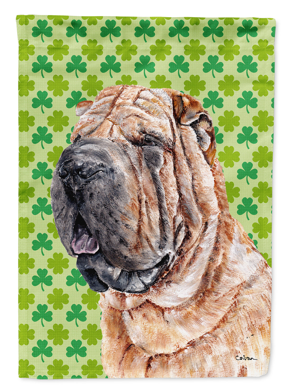 Shar Pei Lucky Shamrock St. Patrick's Day Flag Canvas House Size SC9719CHF  the-store.com.