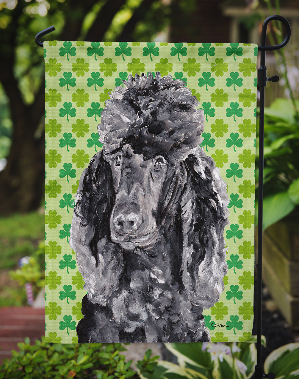 Black Standard Poodle Lucky Shamrock St. Patrick's Day Flag Garden Size SC9722GF
