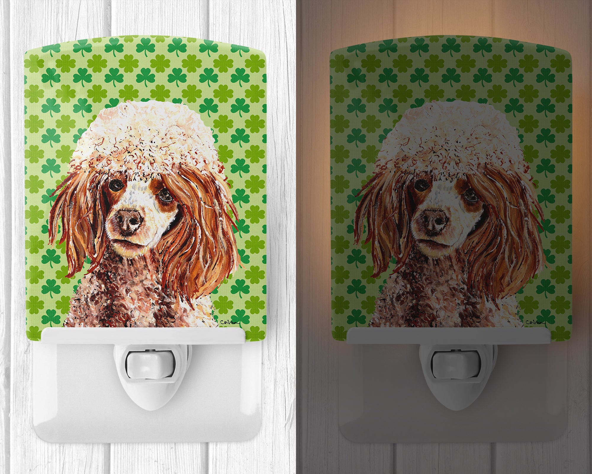 Red Miniature Poodle Lucky Shamrock St. Patrick's Day Ceramic Night Light SC9723CNL - the-store.com