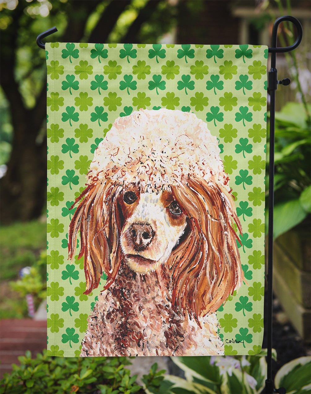 Red Miniature Poodle Lucky Shamrock St. Patrick's Day Flag Garden Size