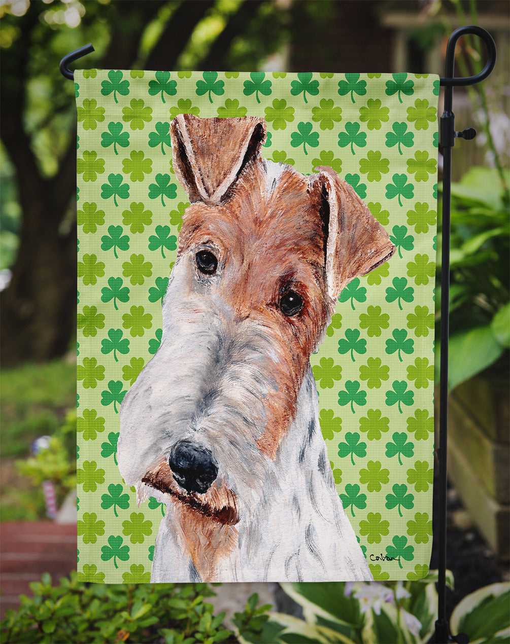 Wire Fox Terrier Lucky Shamrock St. Patrick's Day Flag Garden Size  the-store.com.