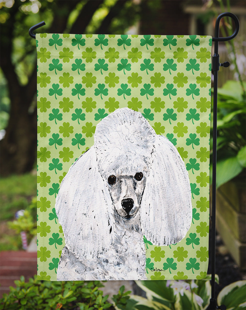 White Toy Poodle Lucky Shamrock St. Patrick's Day Flag Garden Size SC9725GF  the-store.com.