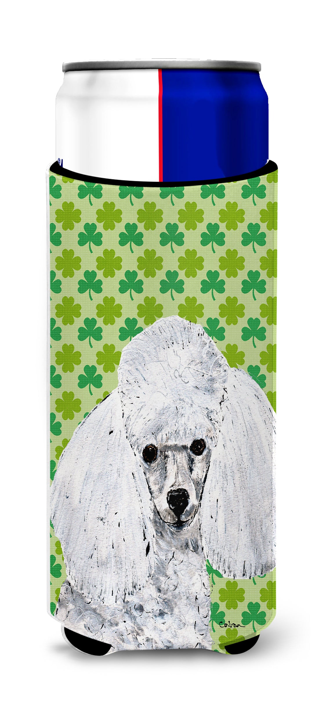 White Toy Poodle Lucky Shamrock St. Patrick's Day Ultra Beverage Insulators for slim cans SC9725MUK.