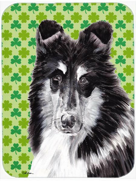 Black and White Collie Lucky Shamrock St. Patrick&#39;s Day Glass Cutting Board Large Size SC9726LCB by Caroline&#39;s Treasures