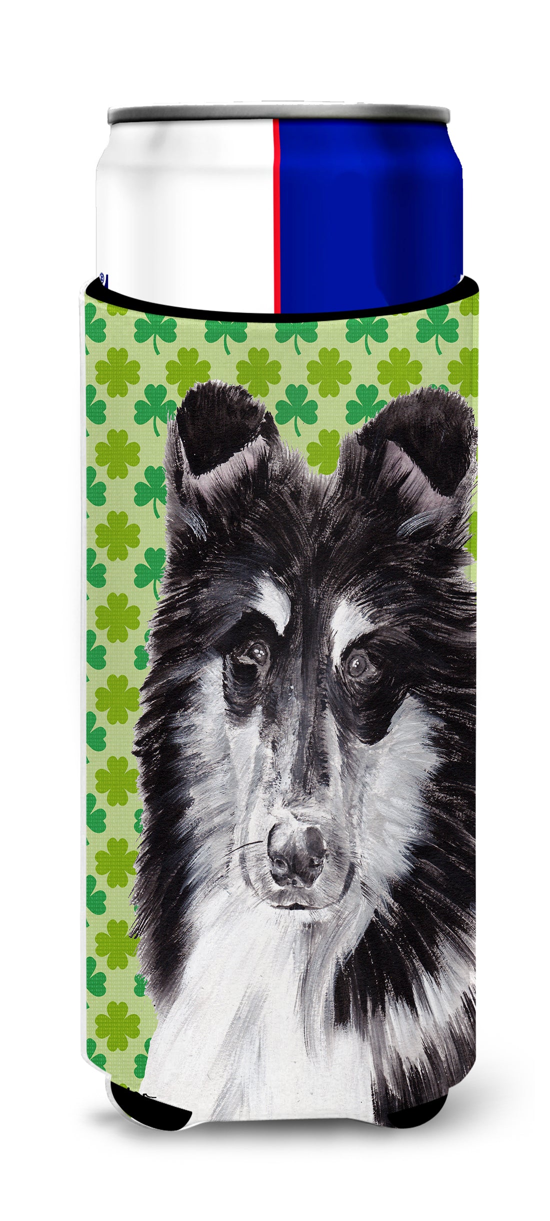 Black and White Collie Lucky Shamrock St. Patrick&#39;s Day Ultra Beverage Insulators for slim cans SC9726MUK