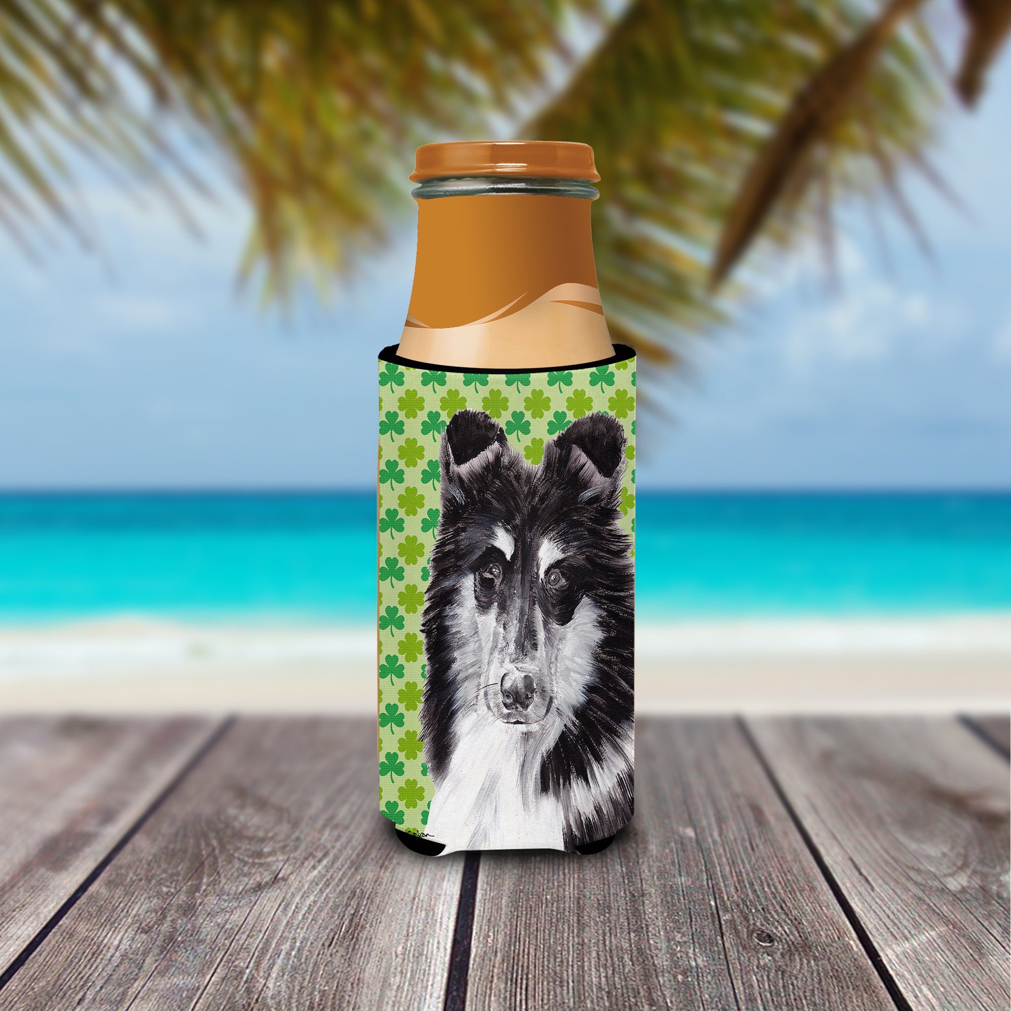 Black and White Collie Lucky Shamrock St. Patrick's Day Ultra Beverage Insulators for slim cans SC9726MUK.