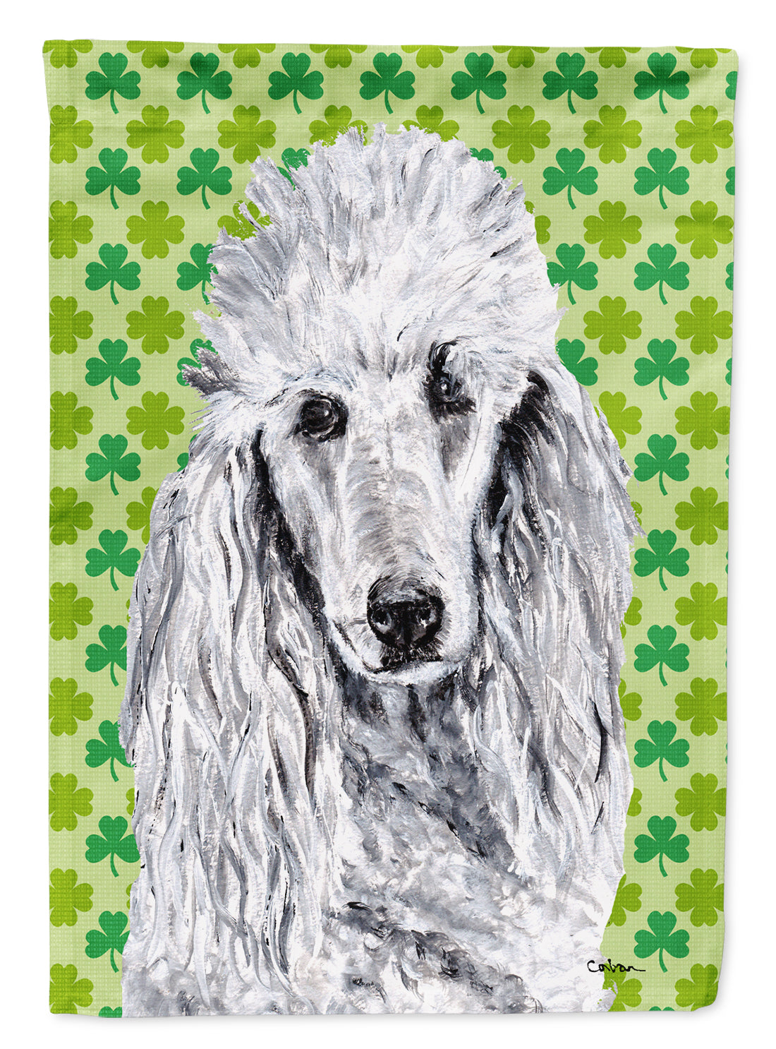 White Standard Poodle Lucky Shamrock St. Patrick&#39;s Day Flag Canvas House Size SC9727CHF  the-store.com.