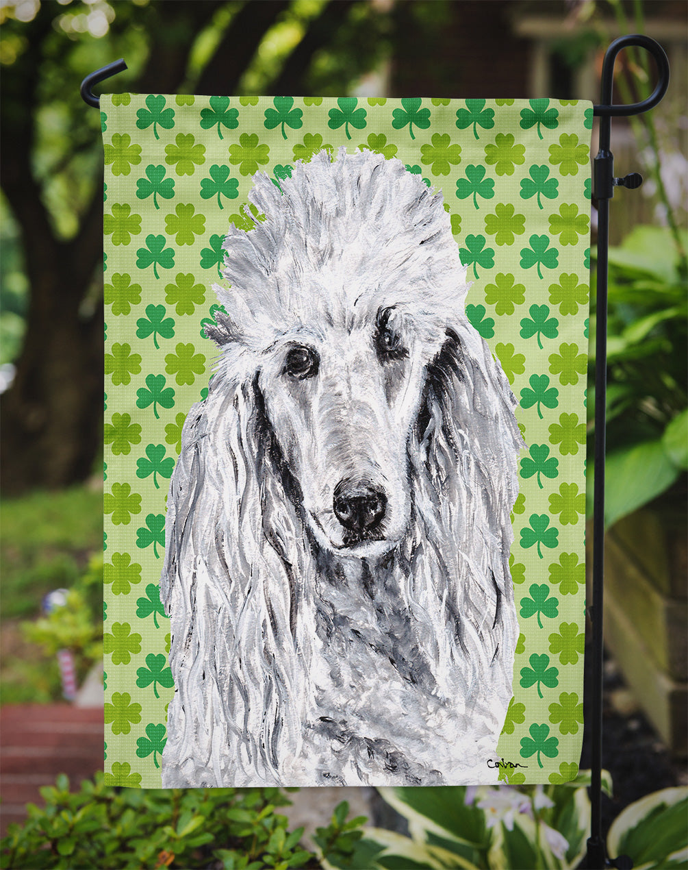 White Standard Poodle Lucky Shamrock St. Patrick's Day Flag Garden Size SC9727GF  the-store.com.