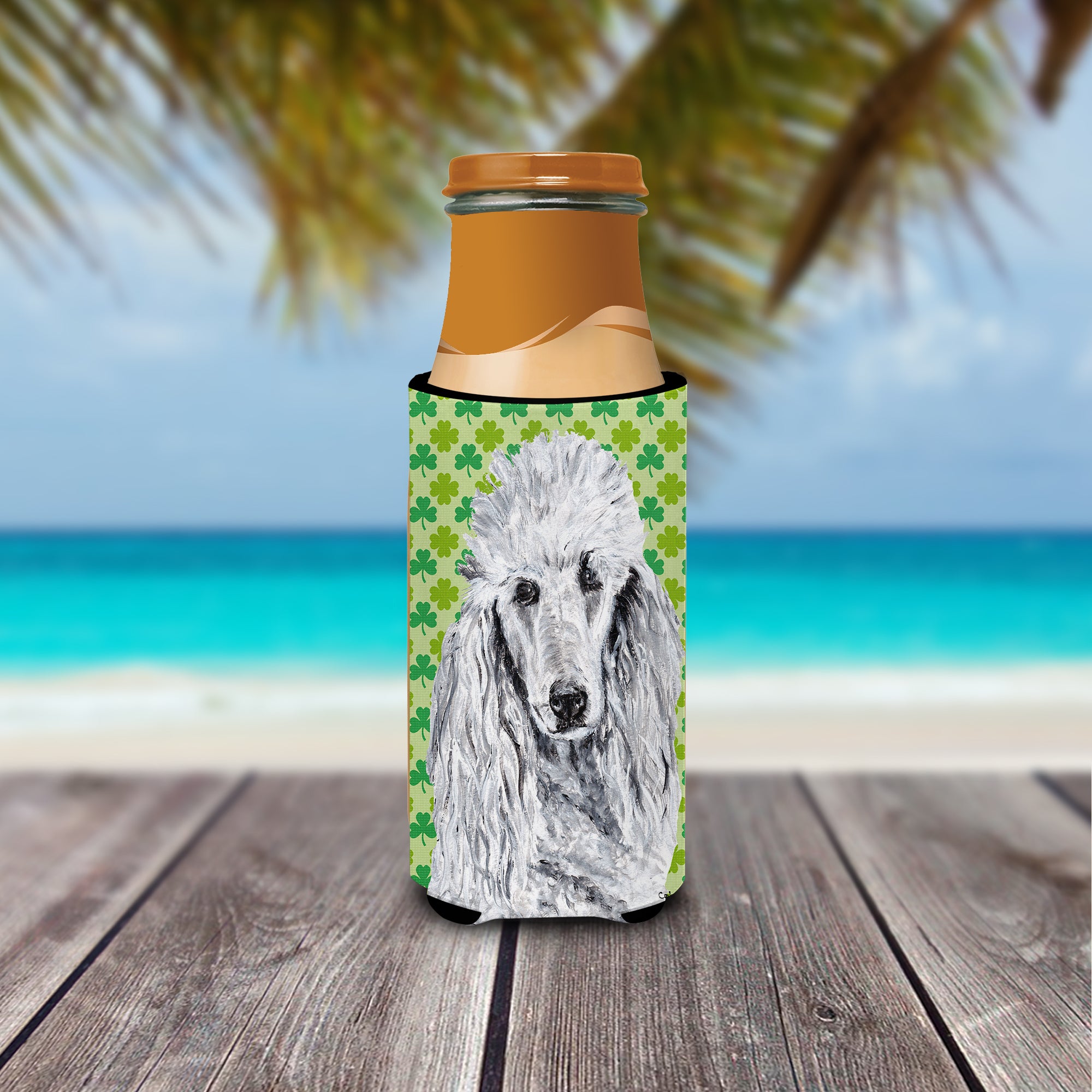 White Standard Poodle Lucky Shamrock St. Patrick's Day Ultra Beverage Insulators for slim cans SC9727MUK.