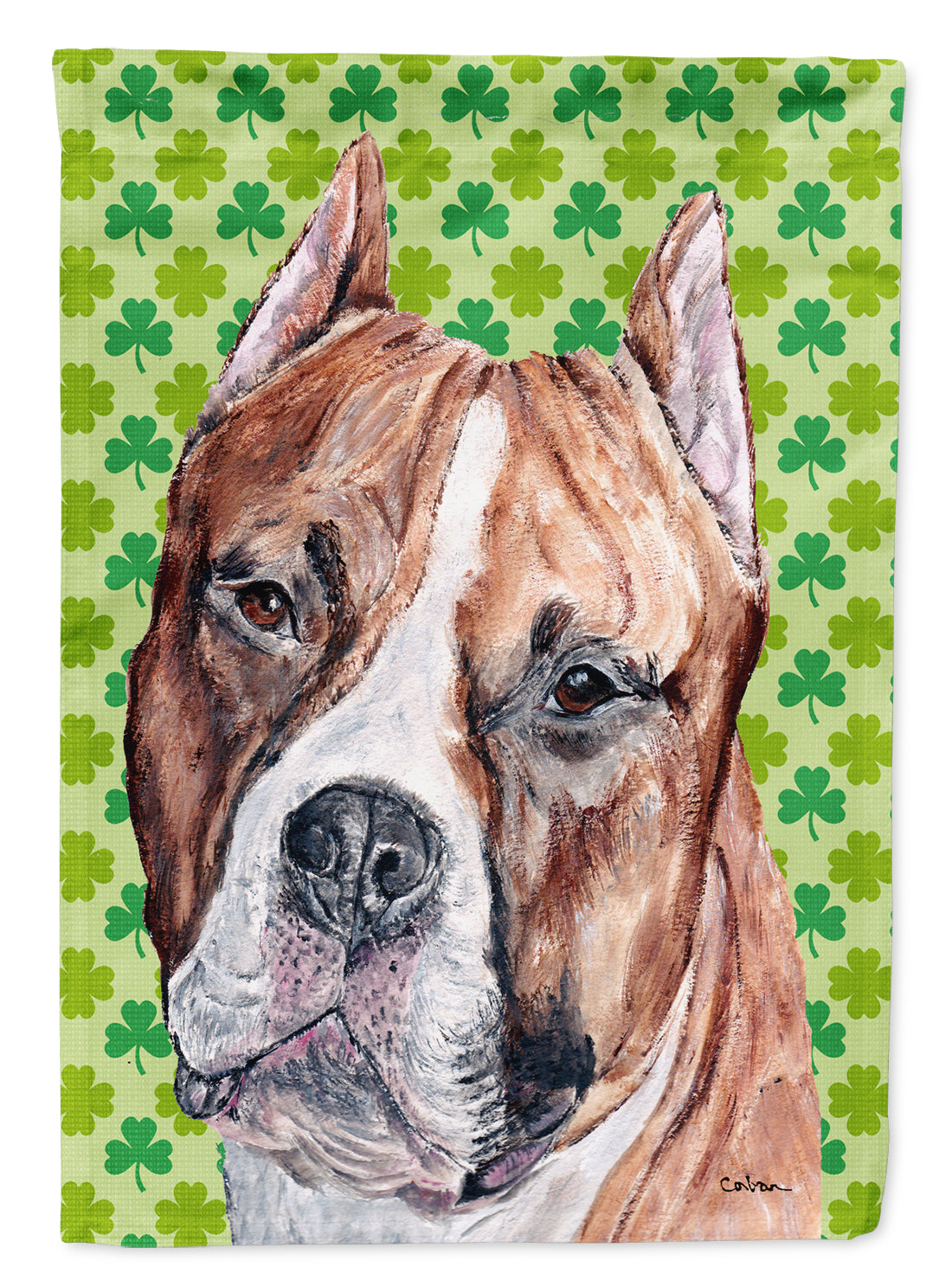 Staffordshire Bull Terrier Staffie Lucky Shamrock St. Patrick&#39;s Day Flag Canvas House Size SC9728CHF