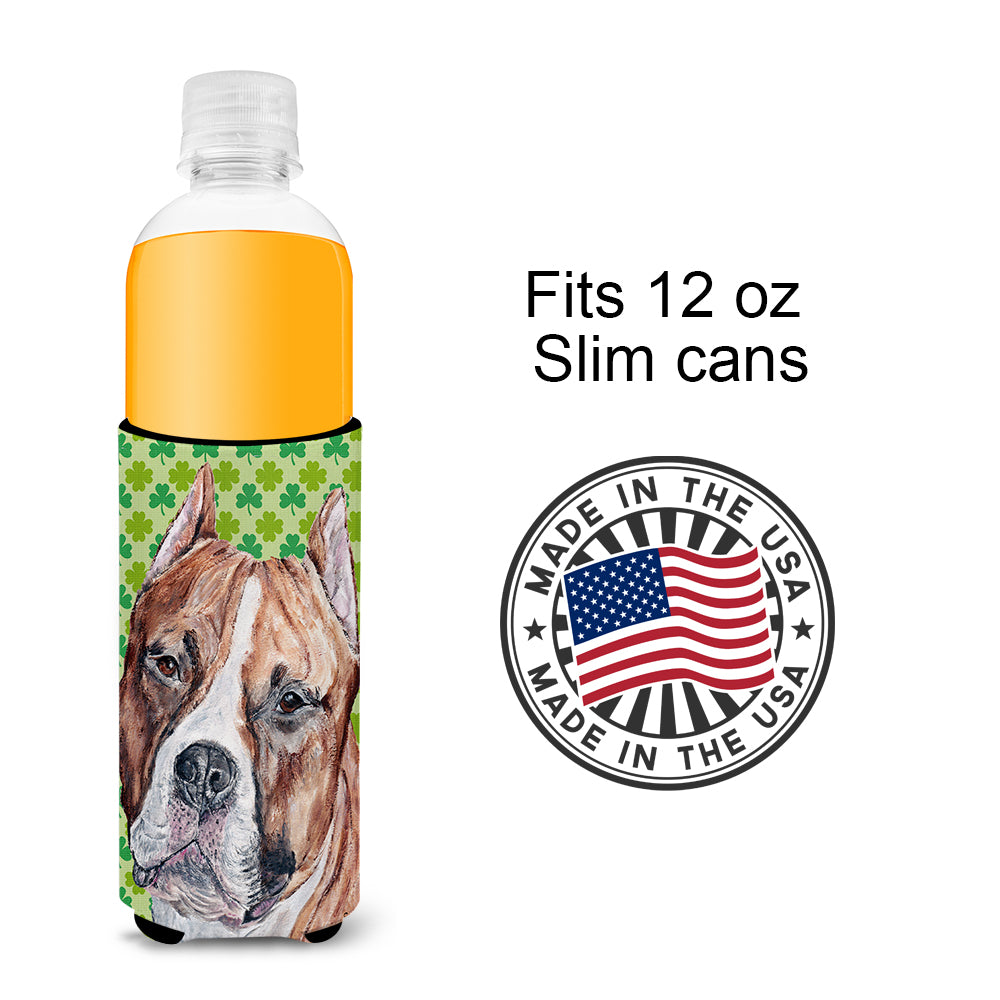Staffordshire Bull Terrier Staffie Lucky Shamrock St. Patrick's Day Ultra Beverage Insulators for slim cans SC9728MUK.