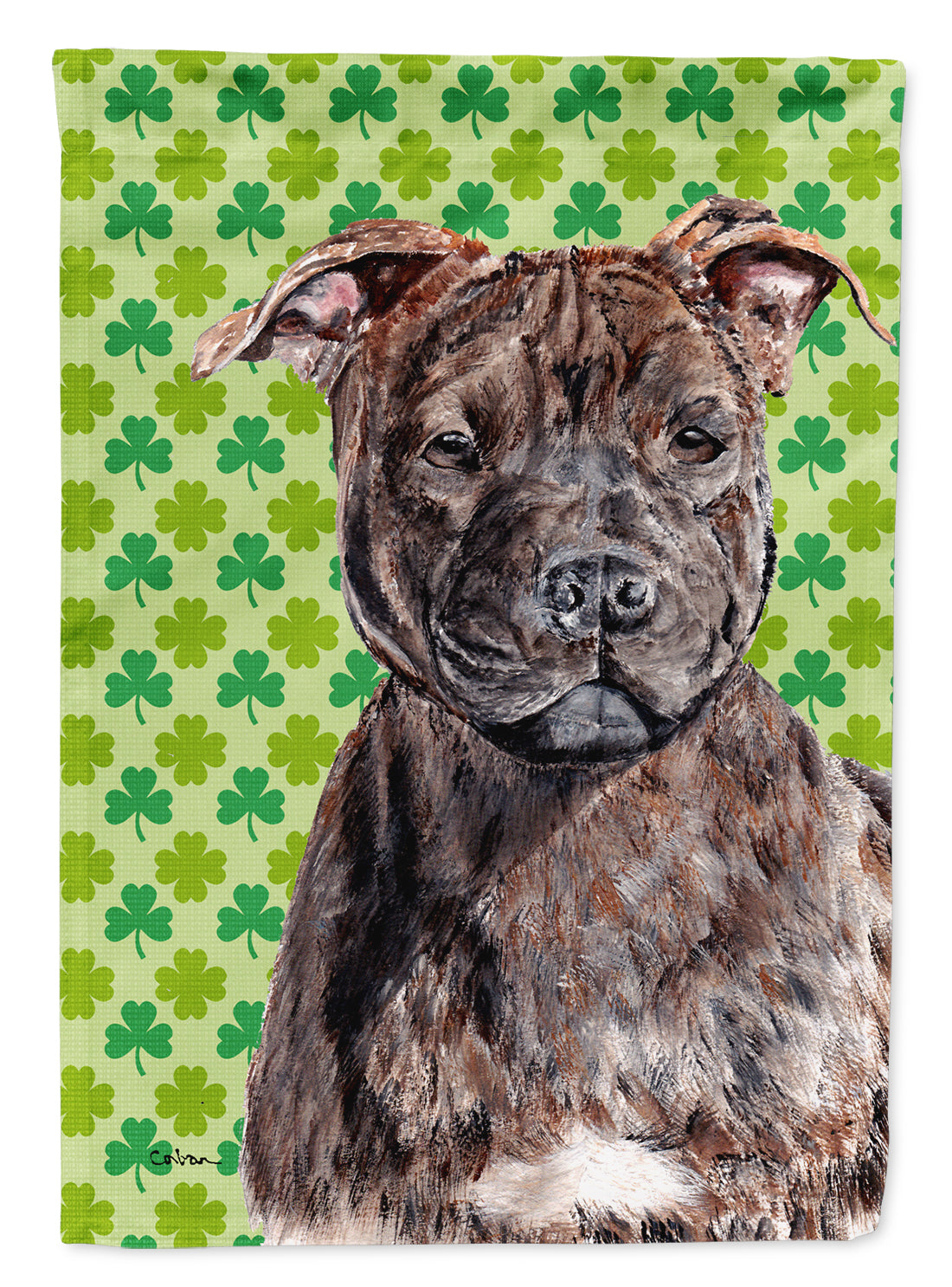 Staffordshire Bull Terrier Staffie Lucky Shamrock St. Patrick's Day Flag Canvas House Size SC9729CHF