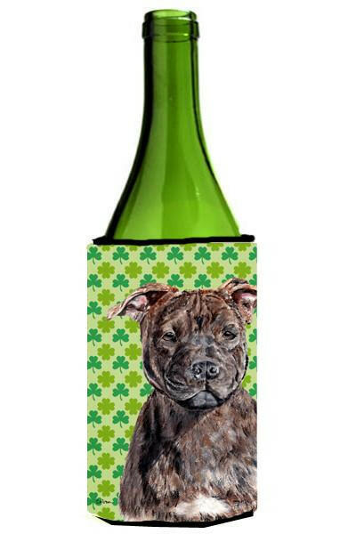 Staffordshire Bull Terrier Staffie Lucky Shamrock St. Patrick&#39;s Day Wine Bottle Beverage Insulator Hugger SC9729LITERK by Caroline&#39;s Treasures