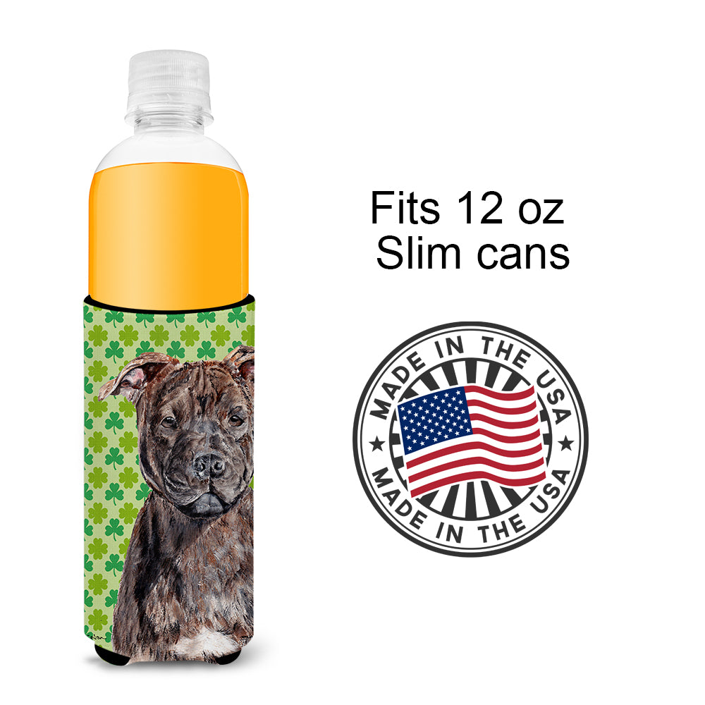 Staffordshire Bull Terrier Staffie Lucky Shamrock St. Patrick's Day Ultra Beverage Insulators for slim cans SC9729MUK.