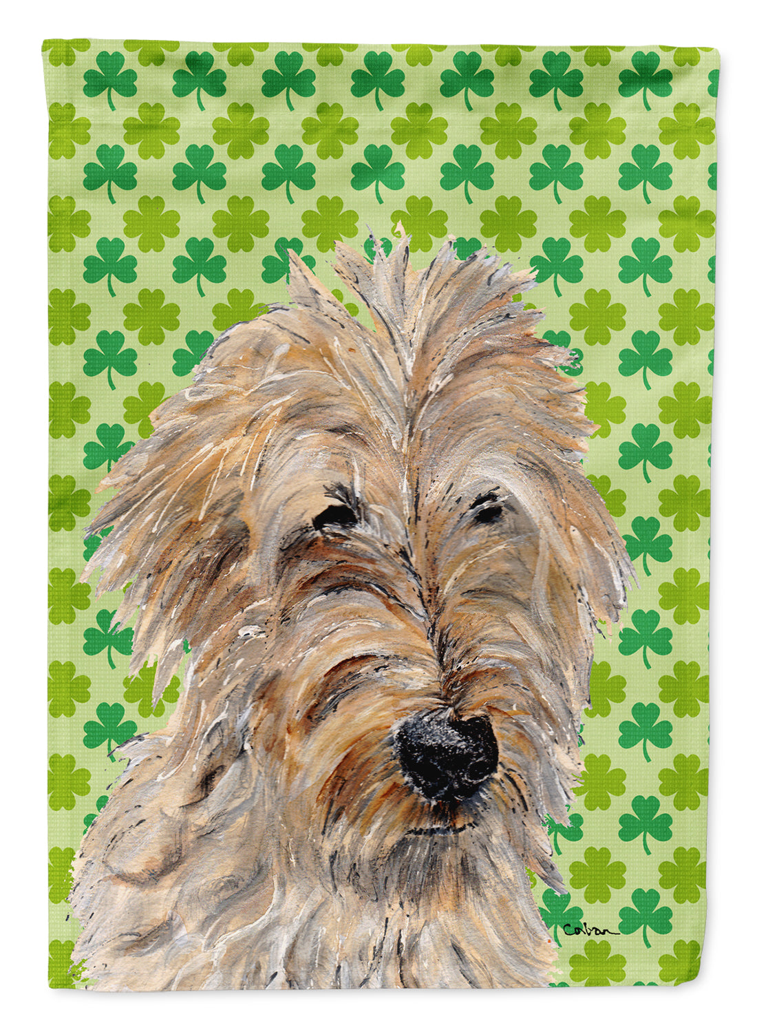 Golden Doodle 2 Lucky Shamrock St. Patrick&#39;s Day Flag Canvas House Size SC9739CHF  the-store.com.