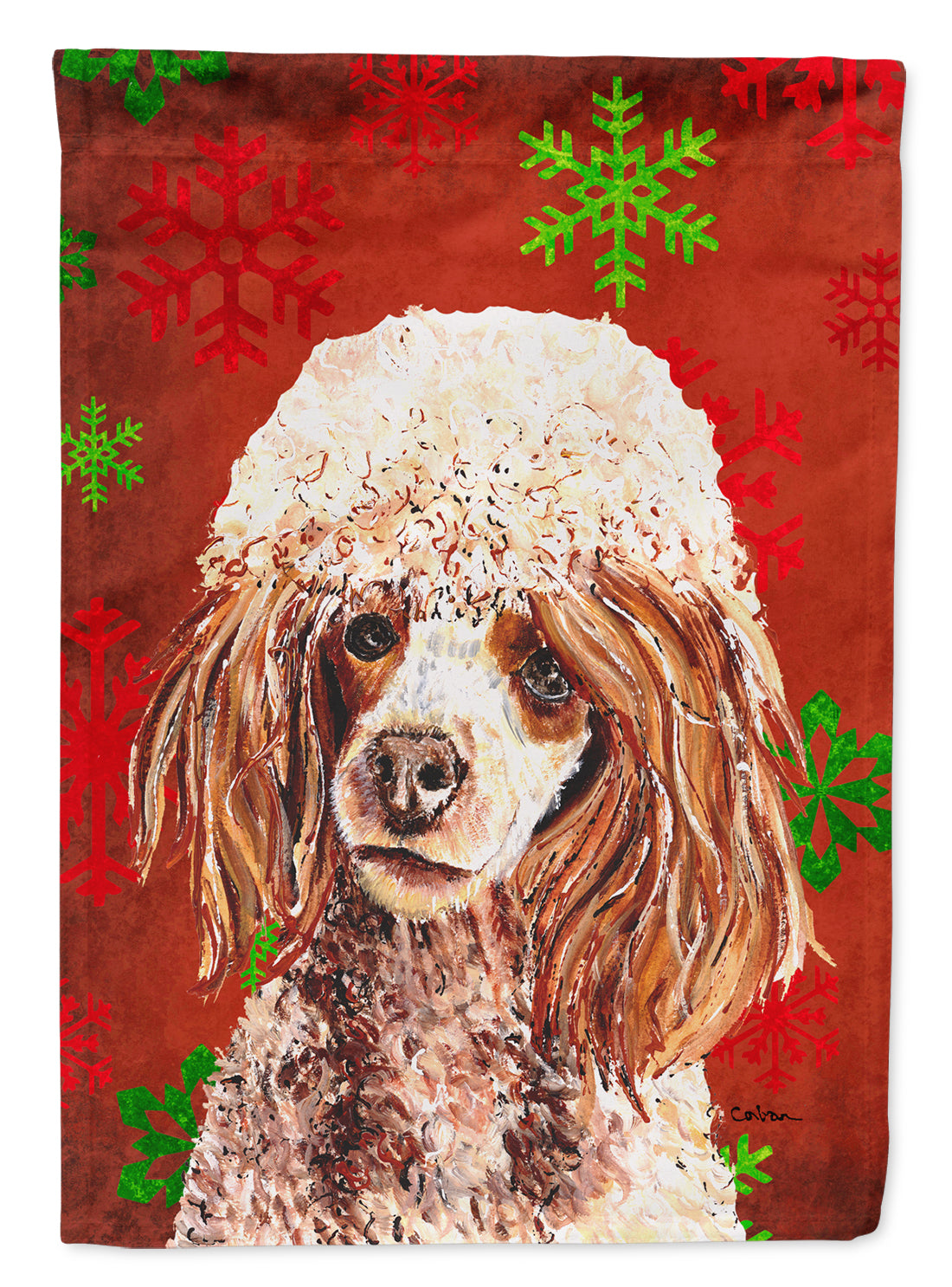 Red Miniature Poodle Red Snowflakes Holiday Flag Canvas House Size SC9747CHF  the-store.com.