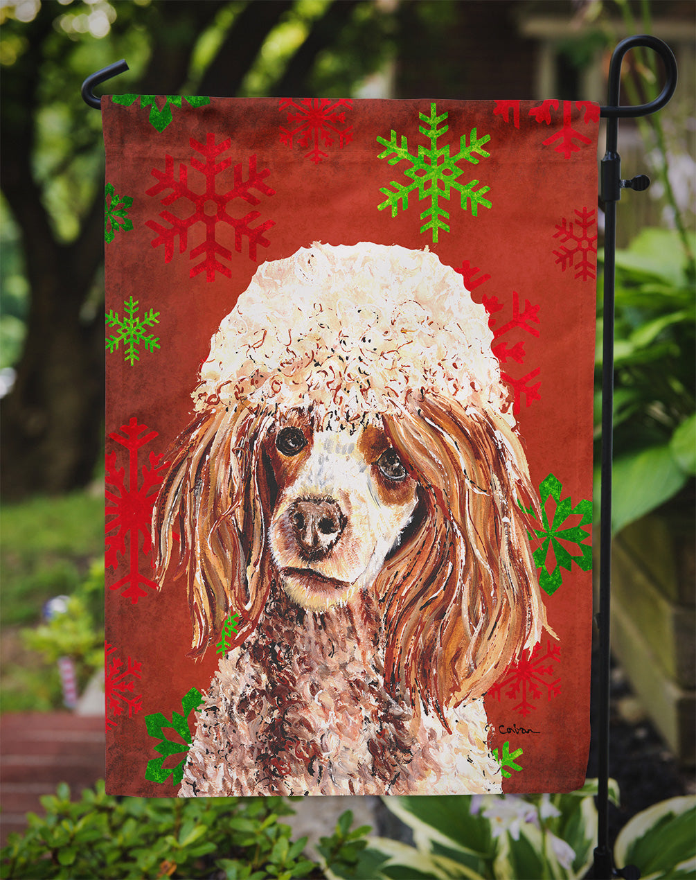 Red Miniature Poodle Red Snowflakes Holiday Flag Garden Size SC9747GF  the-store.com.