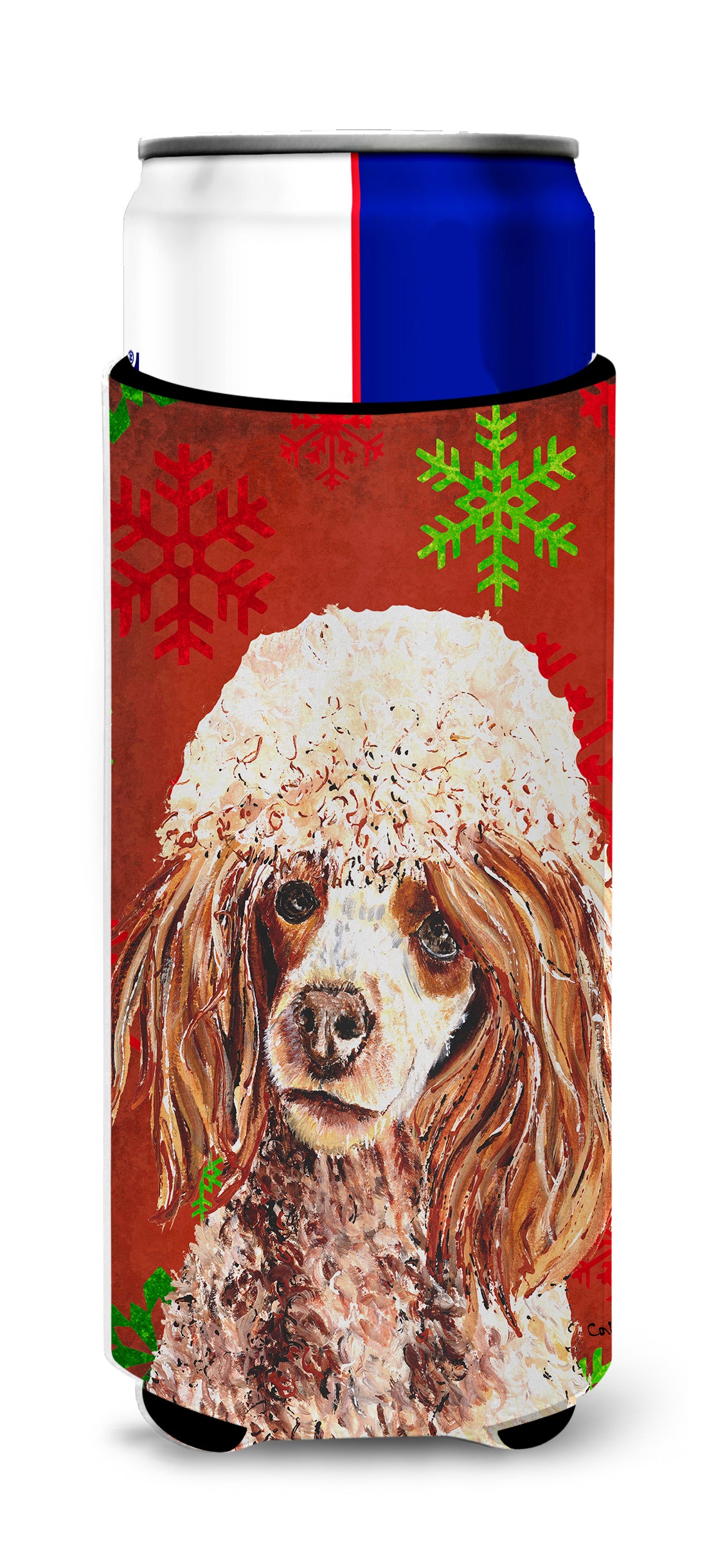 Red Miniature Poodle Red Snowflakes Holiday Ultra Beverage Insulators for slim cans SC9747MUK.