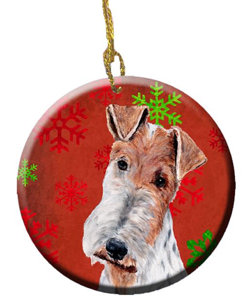 Wire Fox Terrier Red Snowflakes Holiday Ceramic Ornament SC9748CO1 by Caroline&#39;s Treasures