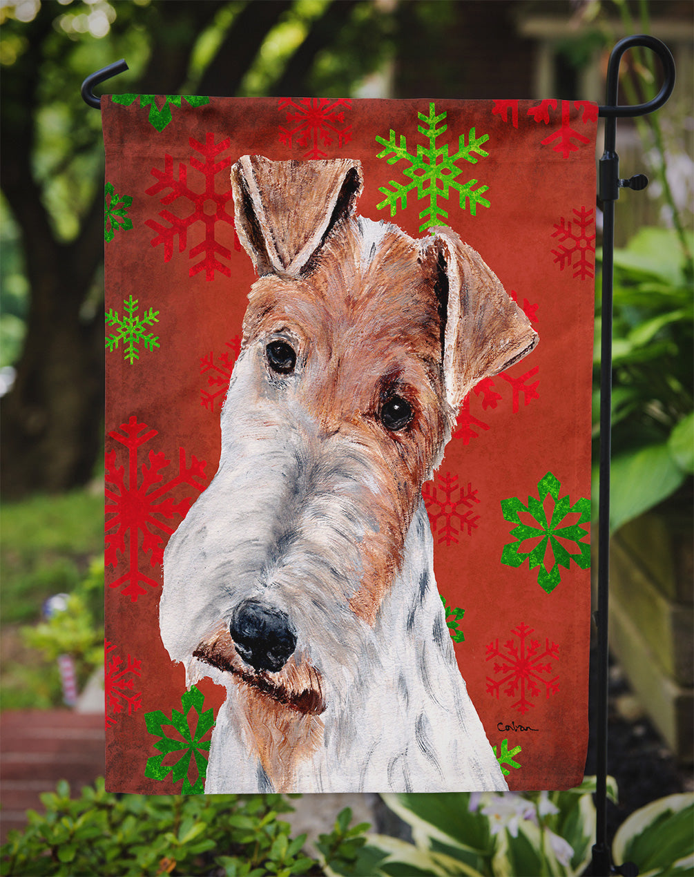 Wire Fox Terrier Red Snowflakes Holiday Flag Garden Size SC9748GF