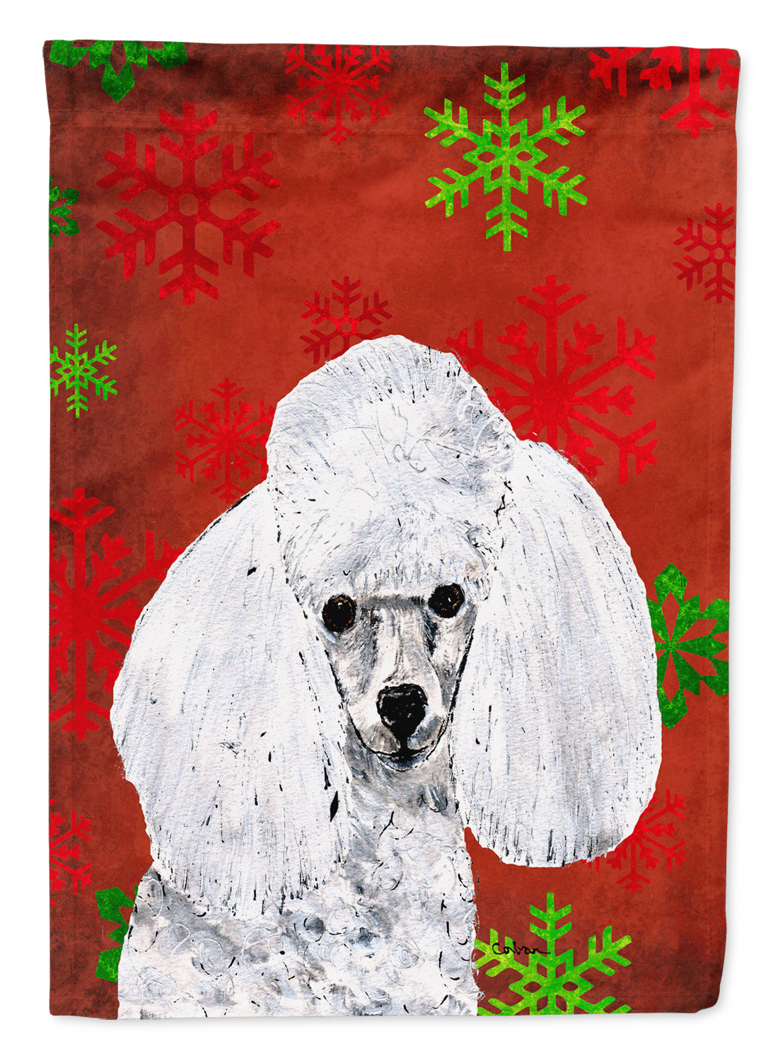 White Toy Poodle Red Snowflakes Holiday Flag Canvas House Size SC9749CHF  the-store.com.