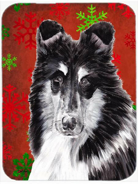 Black and White Collie Red Snowflakes Holiday Glass Cutting Board Large Size SC9750LCB by Caroline&#39;s Treasures