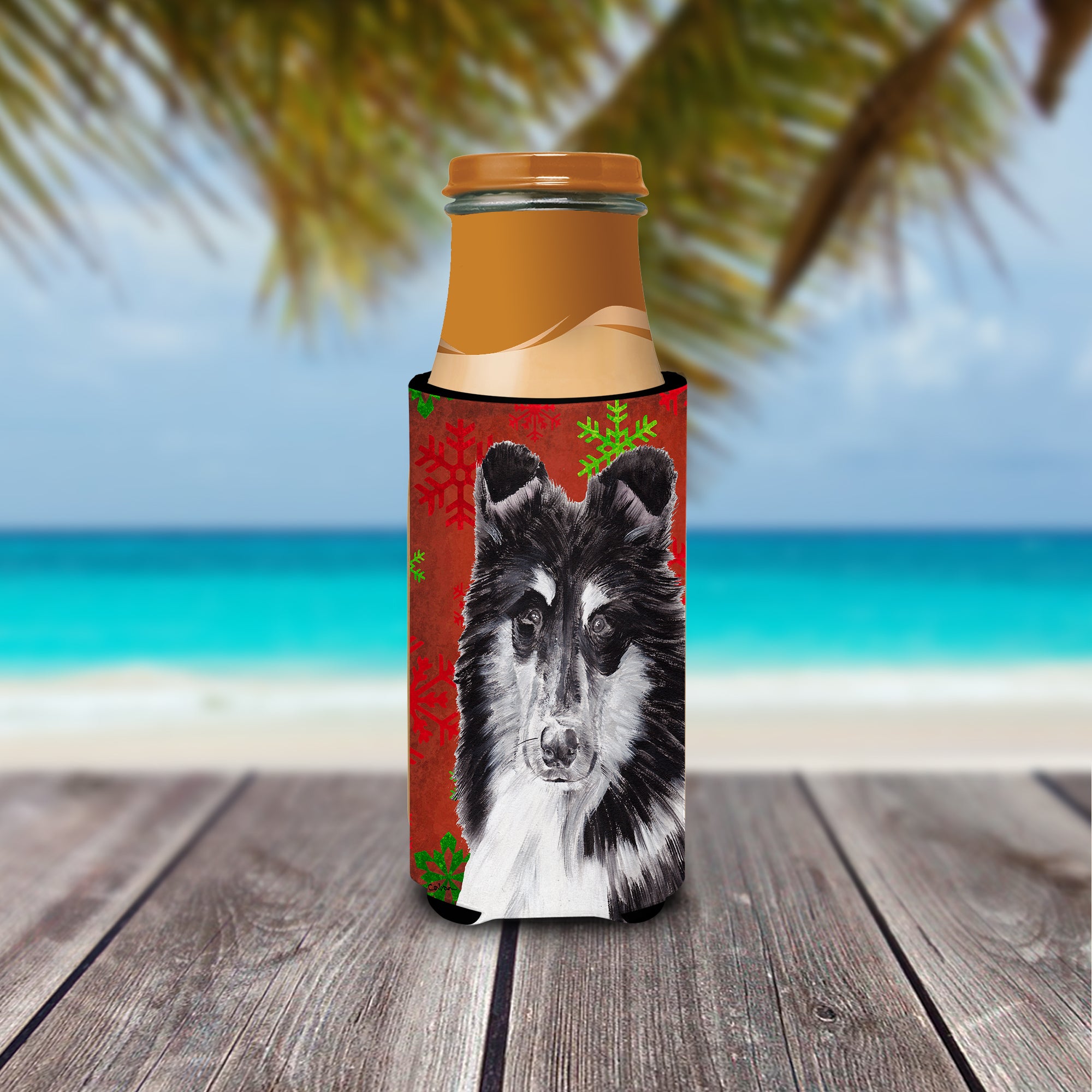 Black and White Collie Red Snowflakes Holiday Ultra Beverage Insulators for slim cans SC9750MUK.
