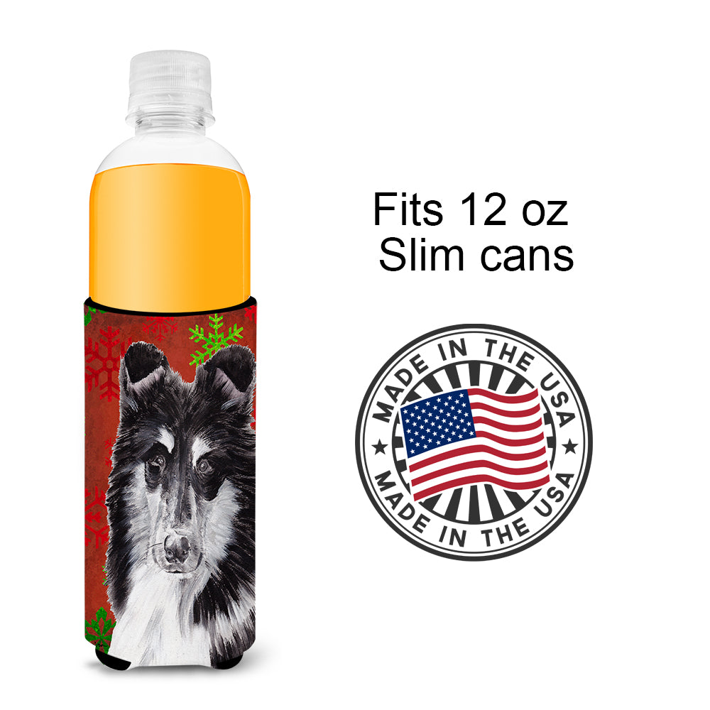Black and White Collie Red Snowflakes Holiday Ultra Beverage Insulators for slim cans SC9750MUK