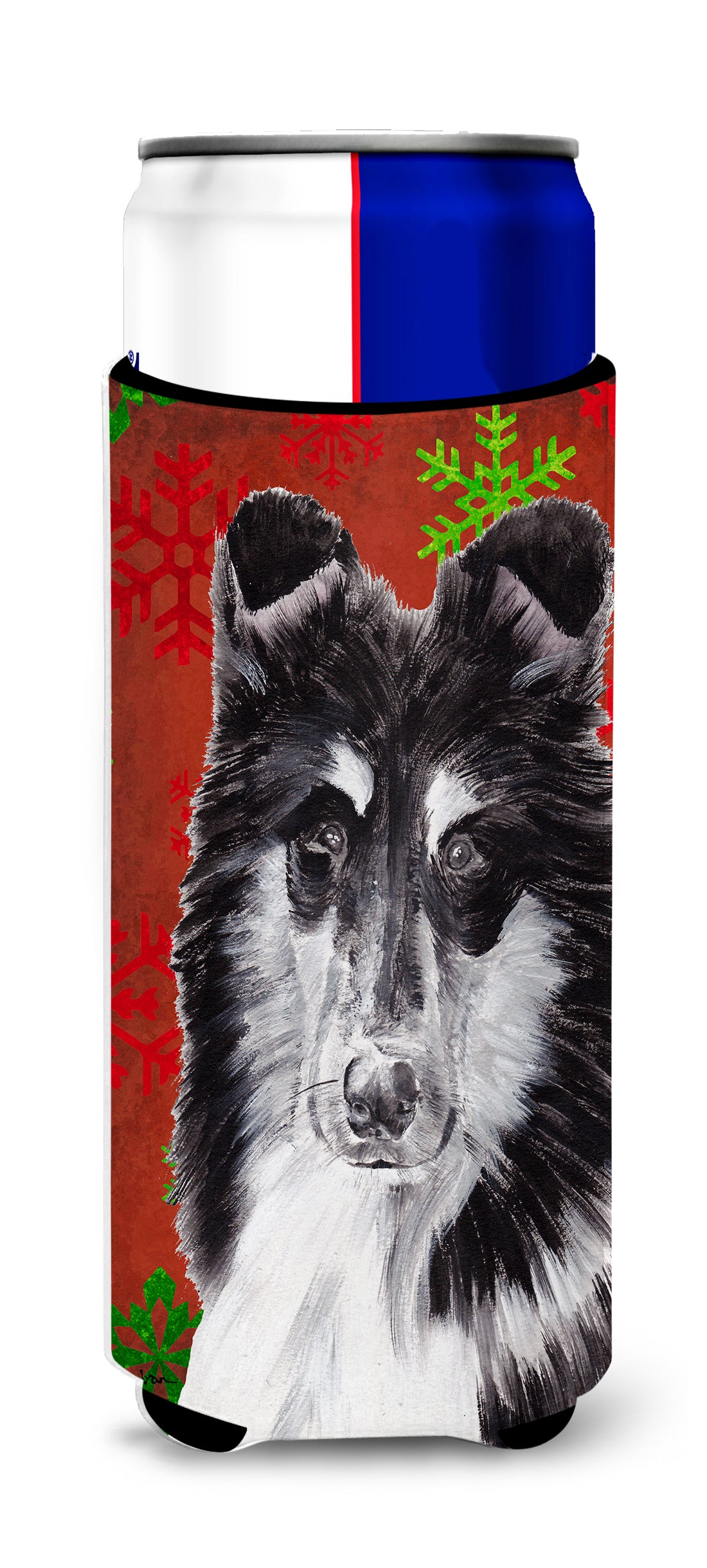 Black and White Collie Red Snowflakes Holiday Ultra Beverage Insulators for slim cans SC9750MUK