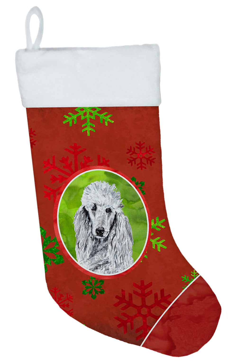 White Standard Poodle Red Snowflakes Holiday Christmas Stocking SC9751-CS  the-store.com.